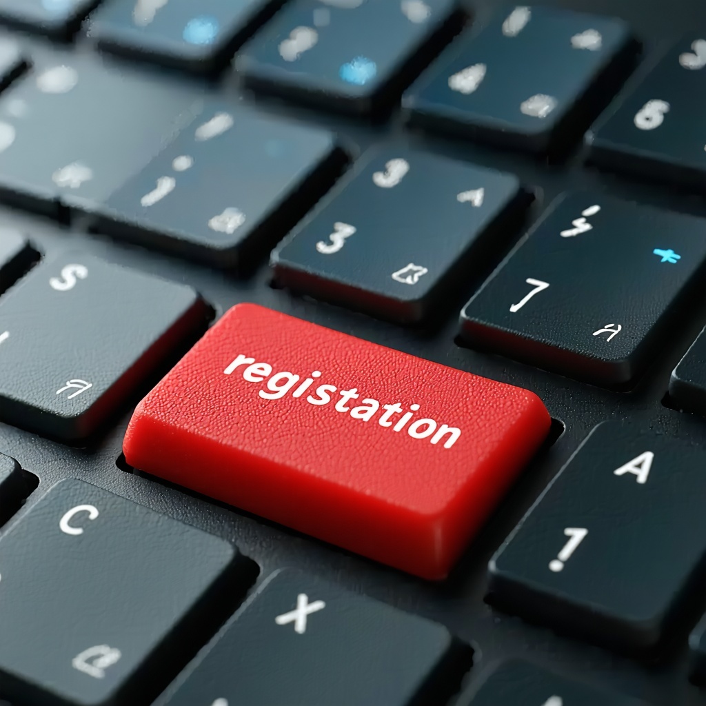 a keyboard with a red key that says registration