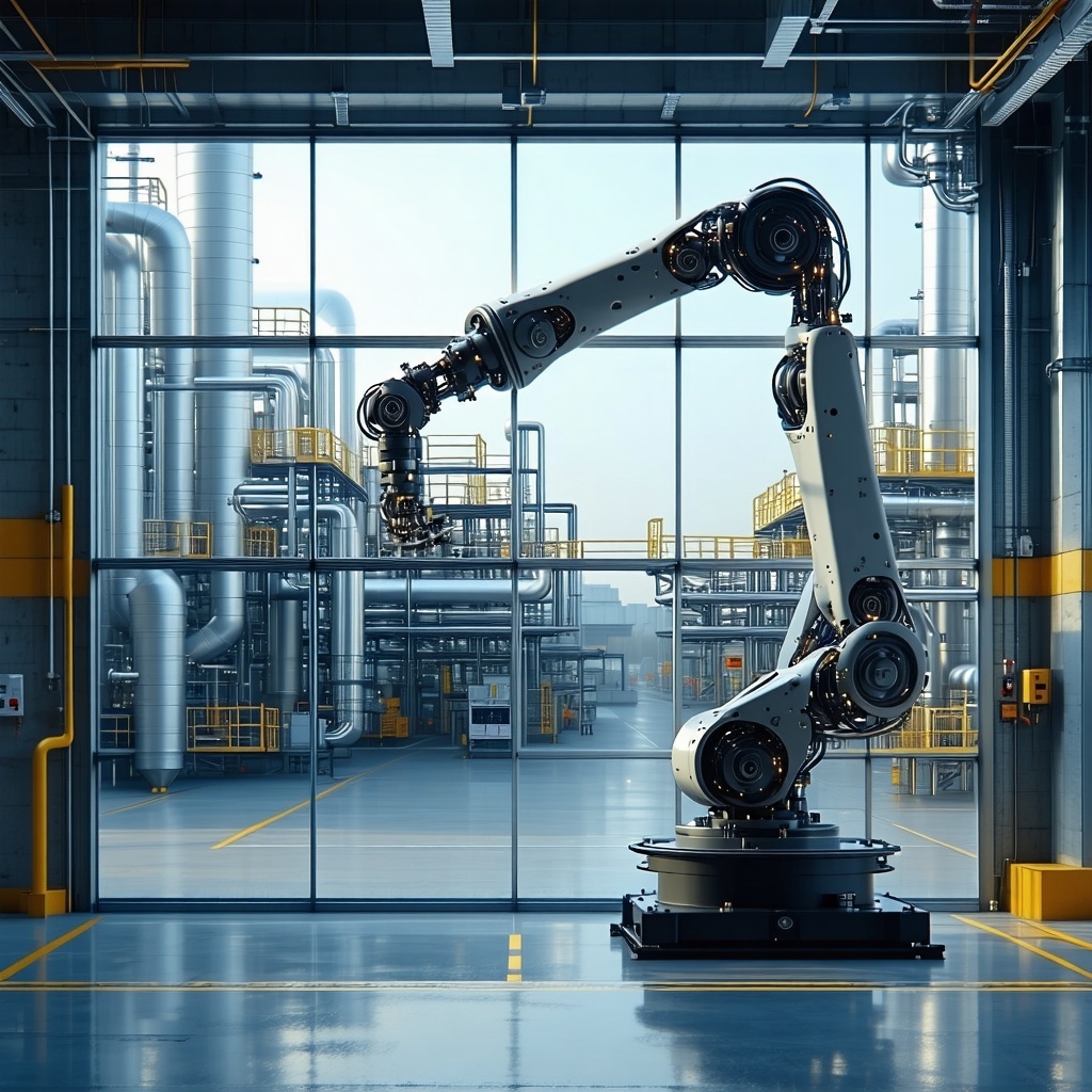 robotic arm with a glass window and factory background-1